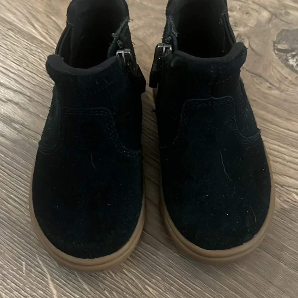 UGG Kids Black Suede Ankle Boots with Tan Sole